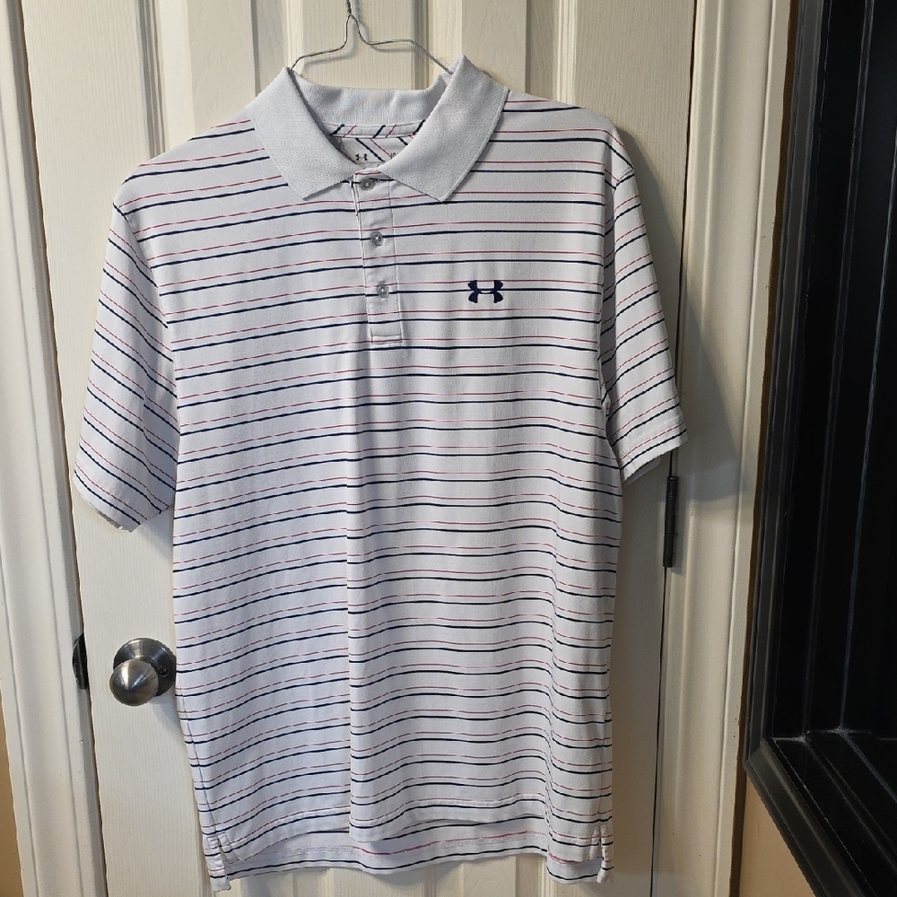 Under Armour Men's Polo Shirt - White with Blue and Red Stripes